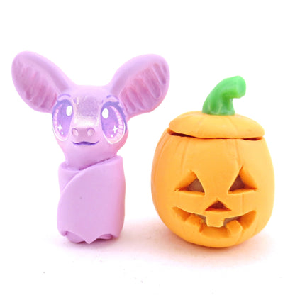 Bat in a Jack O' Lantern Pumpkin Figurine - Polymer Clay Halloween Animals