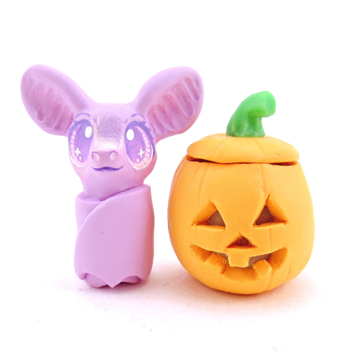 Bat in a Jack O' Lantern Pumpkin Figurine - Polymer Clay Halloween Animals