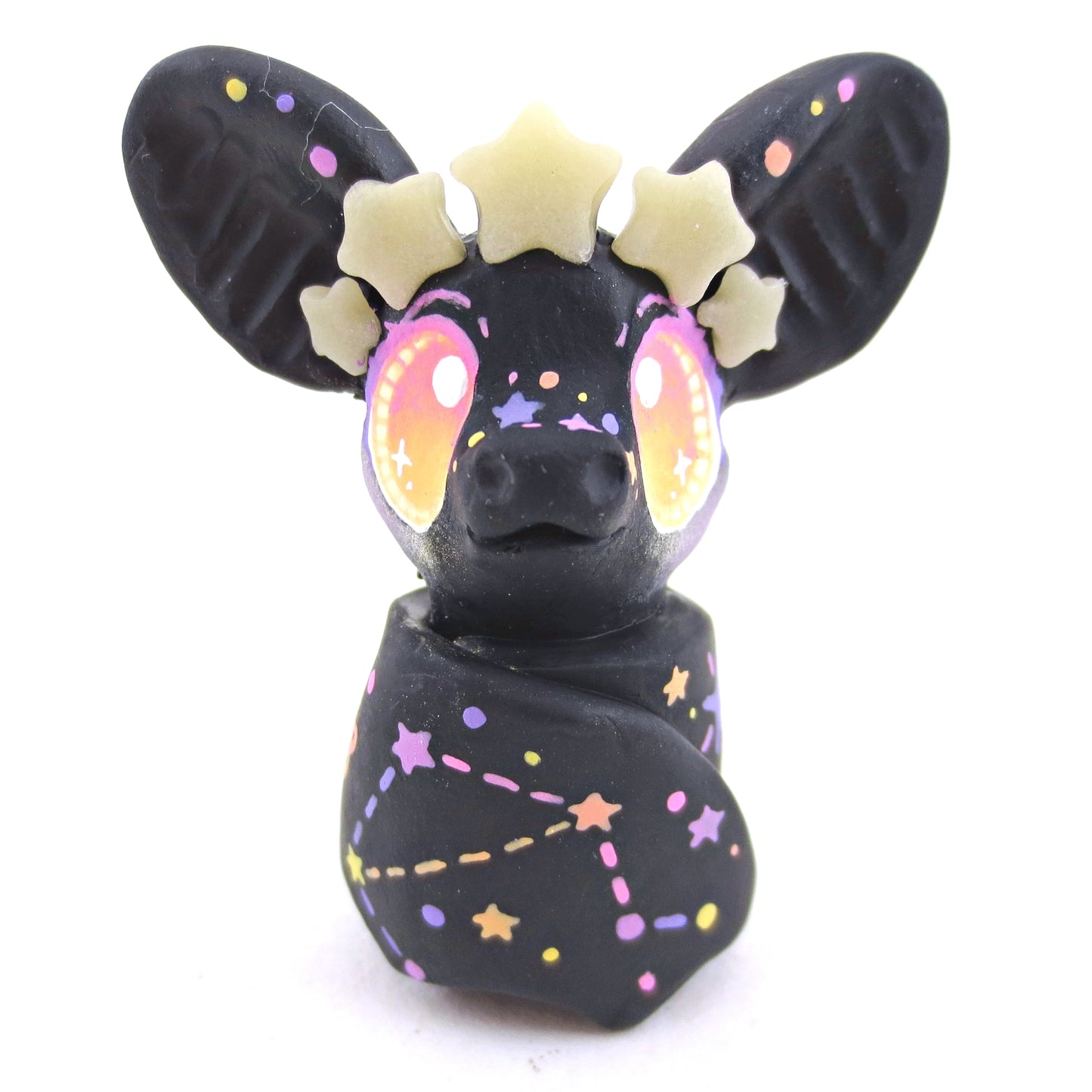 Constellation Glow-in-the-Dark Star Crown Black Bat Figurine - Polymer Clay Halloween Animals