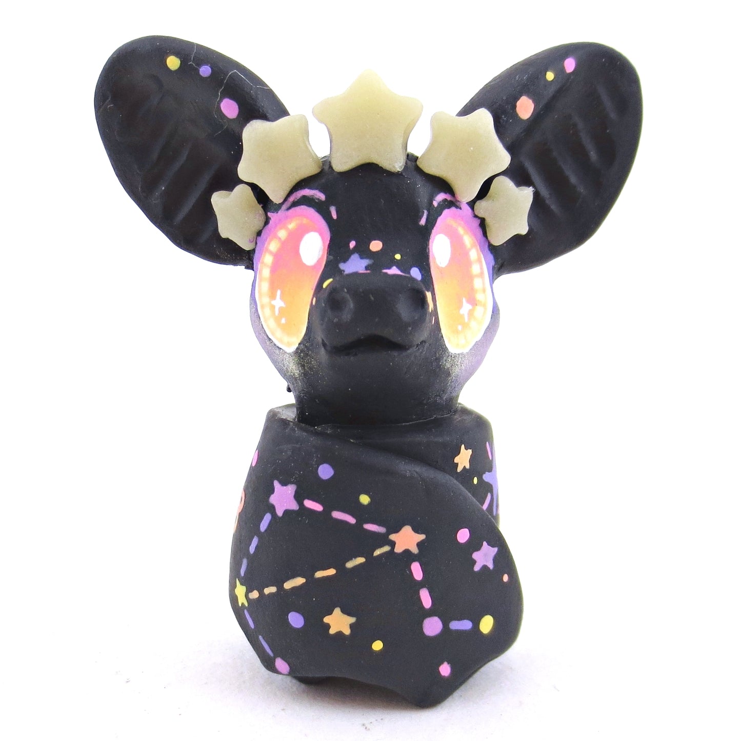 Constellation Glow-in-the-Dark Star Crown Black Bat Figurine - Polymer Clay Halloween Animals