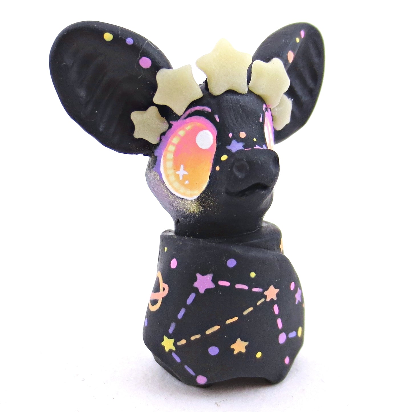 Constellation Glow-in-the-Dark Star Crown Black Bat Figurine - Polymer Clay Halloween Animals