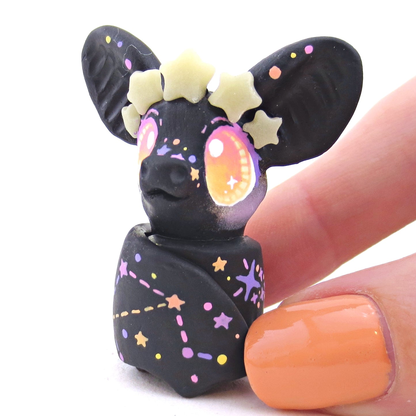 Constellation Glow-in-the-Dark Star Crown Black Bat Figurine - Polymer Clay Halloween Animals