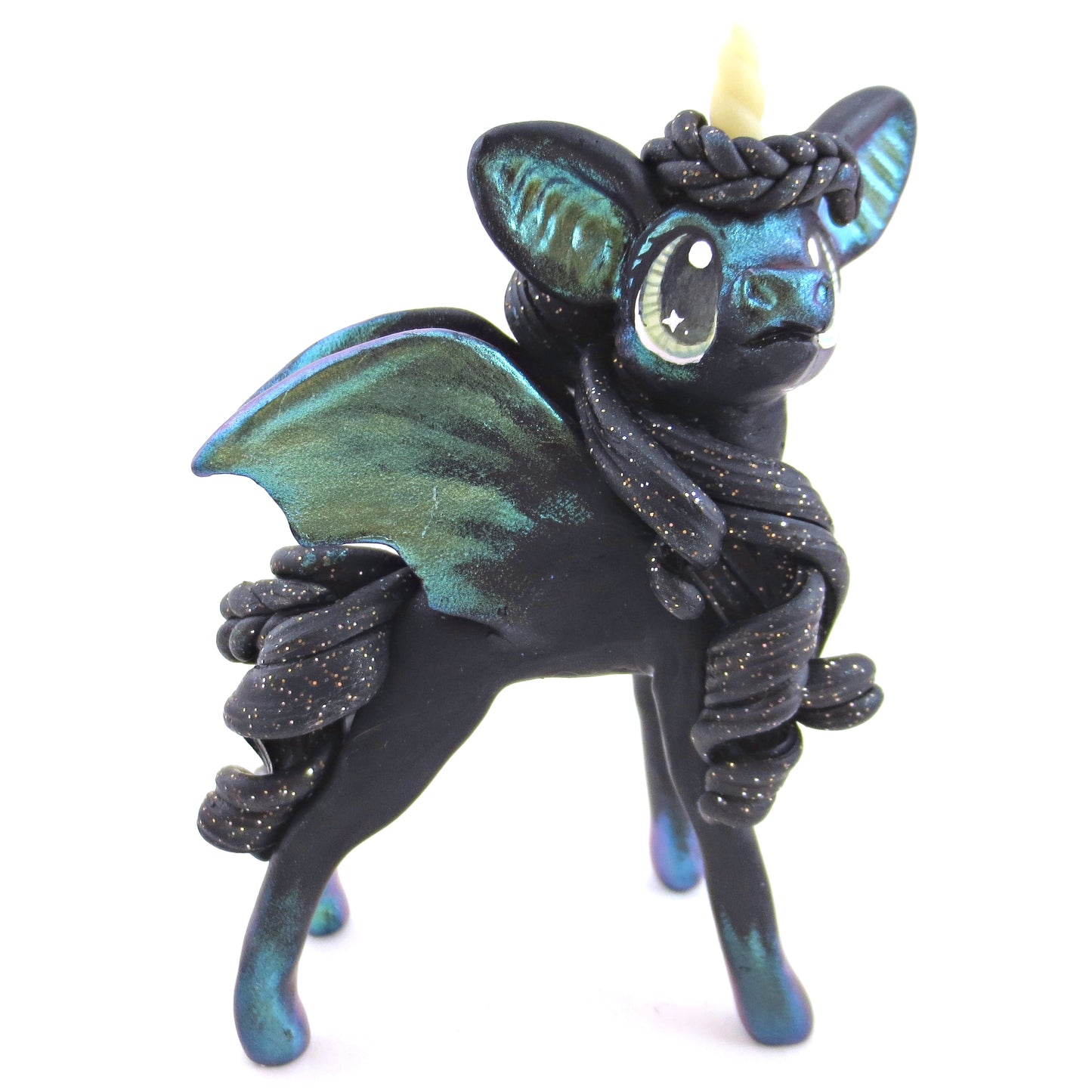 Green/Gold Color-Shift Baticorn Figurine - Polymer Clay Halloween Animals