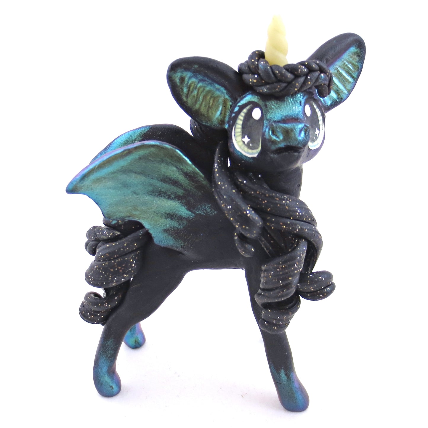 Green/Gold Color-Shift Baticorn Figurine - Polymer Clay Halloween Animals