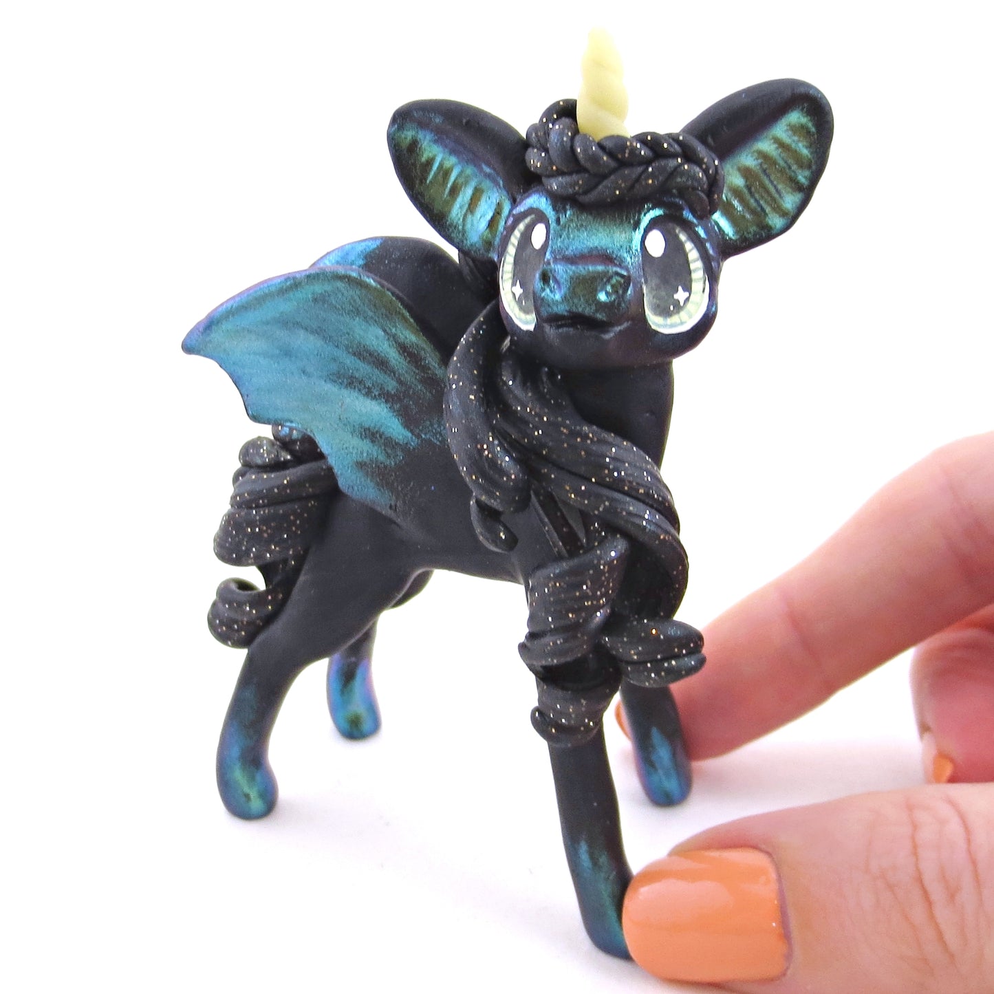 Green/Gold Color-Shift Baticorn Figurine - Polymer Clay Halloween Animals