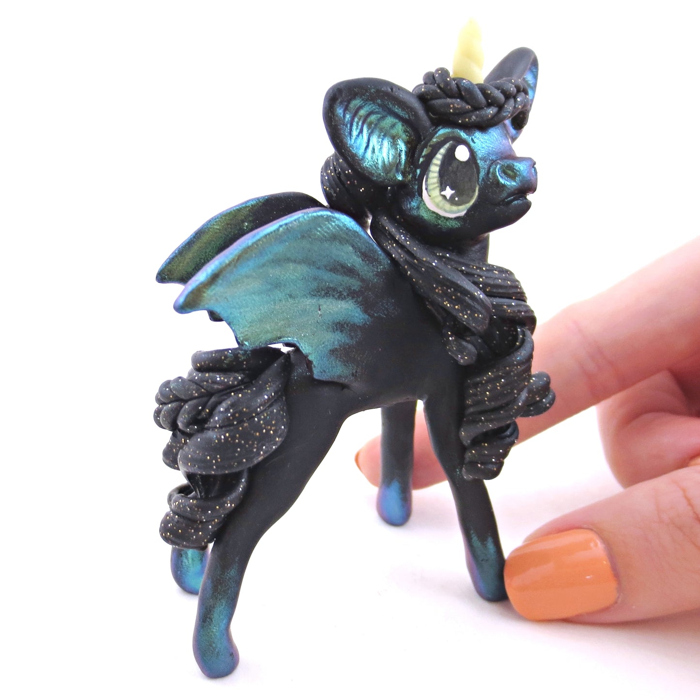 Green/Gold Color-Shift Baticorn Figurine - Polymer Clay Halloween Animals