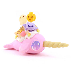 Pink Halloween Dessert Narwhal Figurine - Polymer Clay Spooky Season Animal Collection