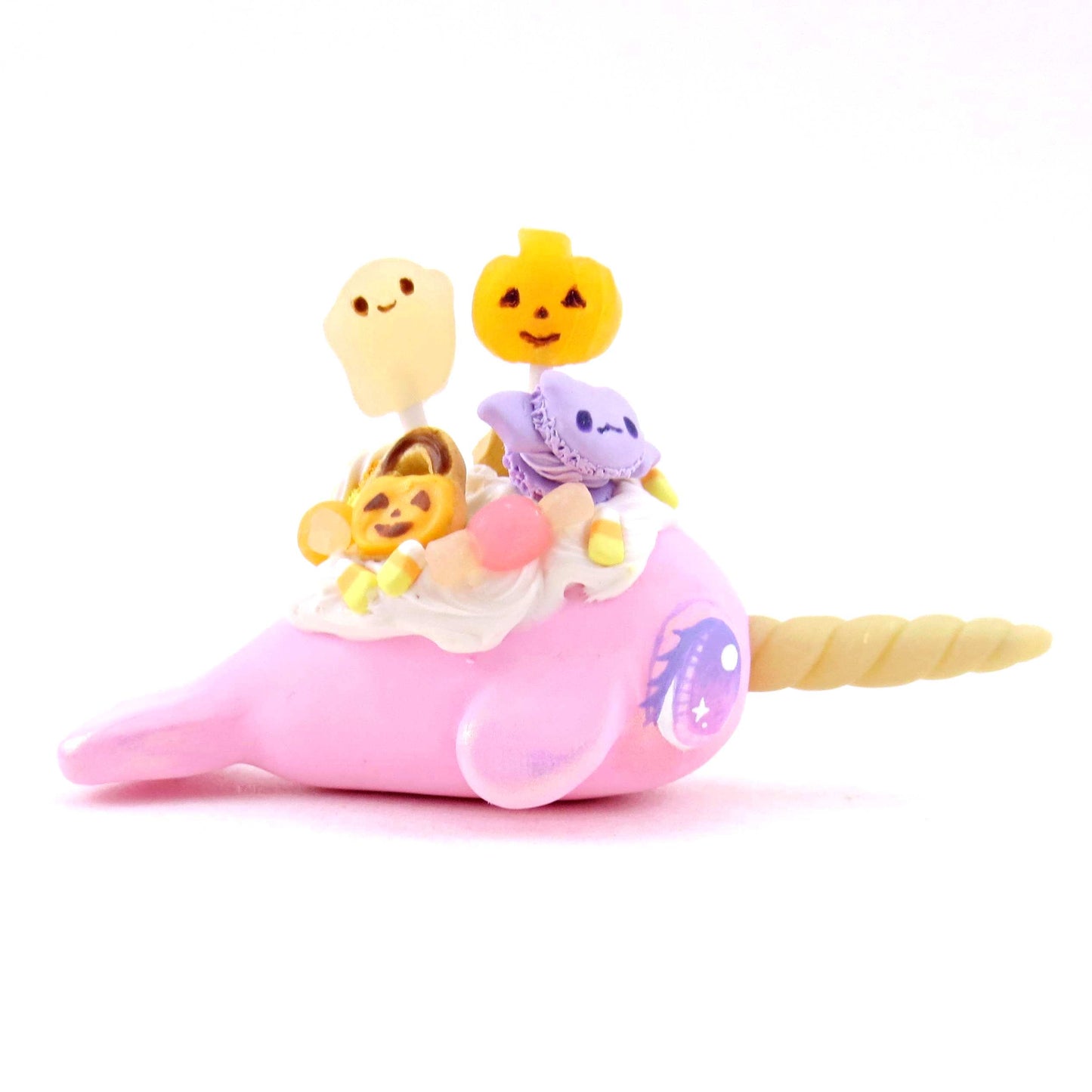 Pink Halloween Dessert Narwhal Figurine - Polymer Clay Spooky Season Animal Collection