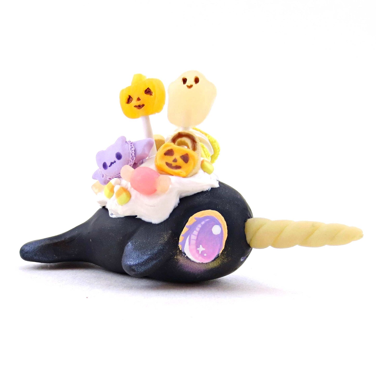 Black Halloween Dessert Narwhal Figurine - Polymer Clay Spooky Season Animal Collection