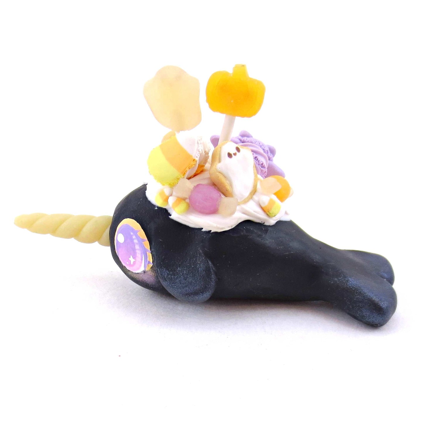 Black Halloween Dessert Narwhal Figurine - Polymer Clay Spooky Season Animal Collection