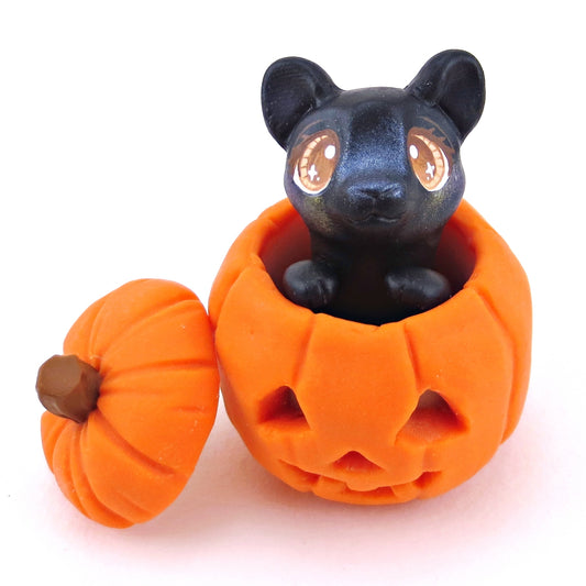 Black Cat in Jack o' Lantern Pumpkin Figurine - Polymer Clay Halloween Collection