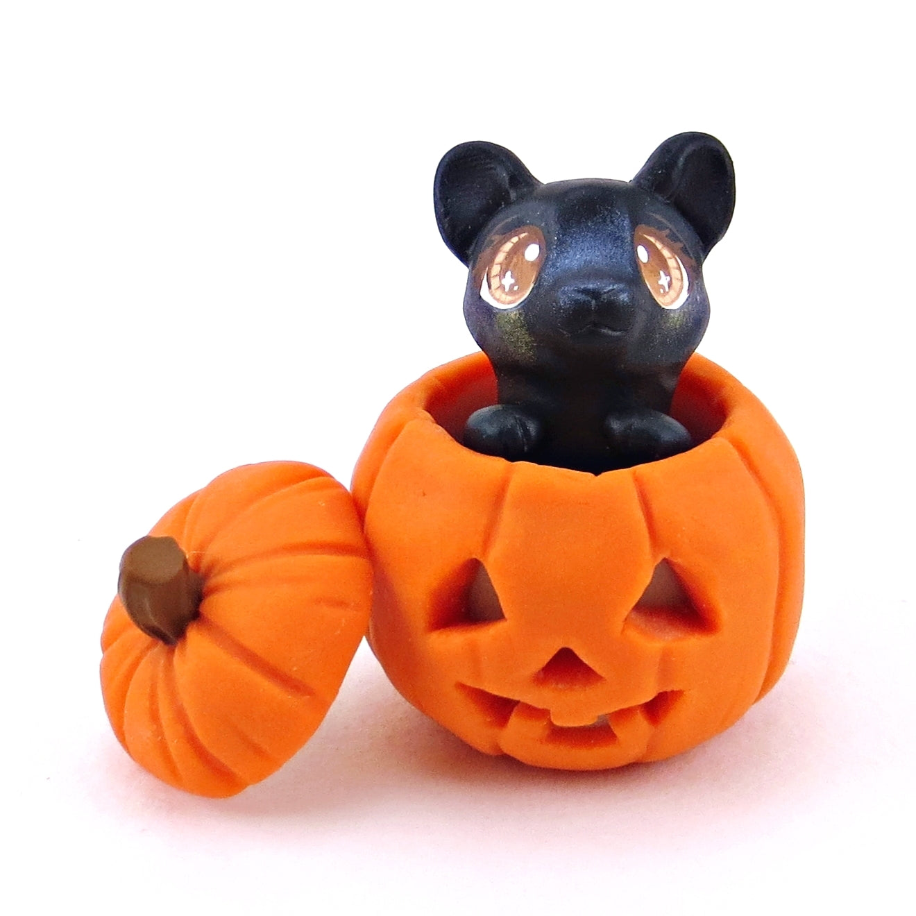 Black Cat in Jack o' Lantern Pumpkin Figurine - Polymer Clay Halloween Collection