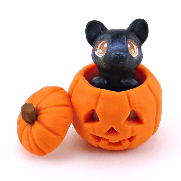 Black Cat in Jack o' Lantern Pumpkin Figurine - Polymer Clay Halloween Collection