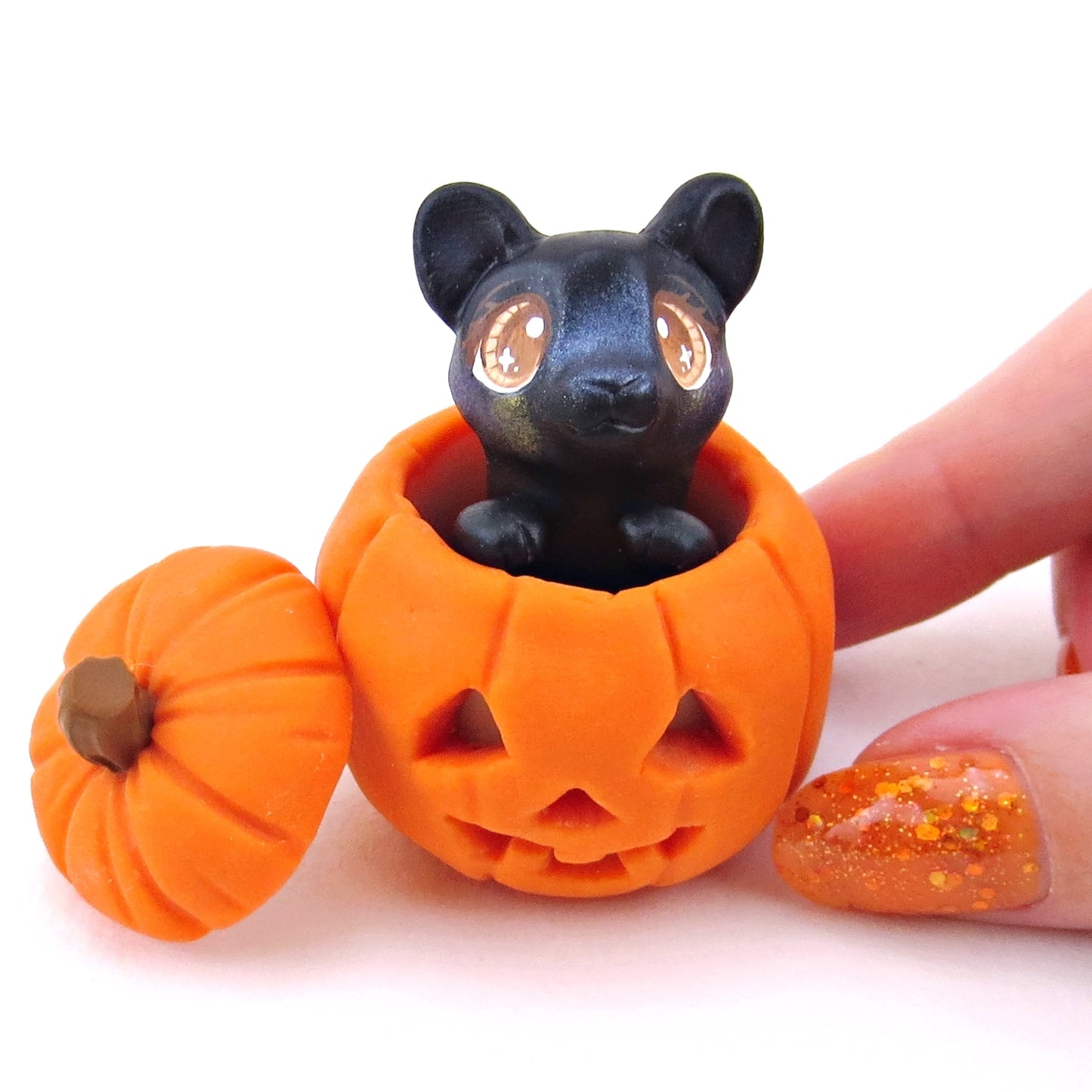 Black Cat in Jack o' Lantern Pumpkin Figurine - Polymer Clay Halloween Collection