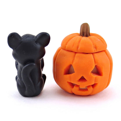 Black Cat in Jack o' Lantern Pumpkin Figurine - Polymer Clay Halloween Collection