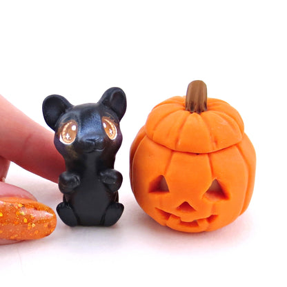 Black Cat in Jack o' Lantern Pumpkin Figurine - Polymer Clay Halloween Collection