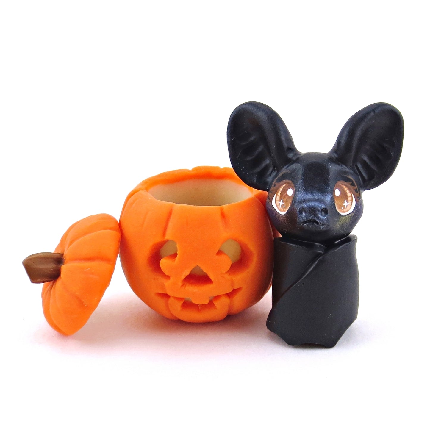 Bat in Jack o' Lantern Pumpkin Figurine - Polymer Clay Halloween Collection