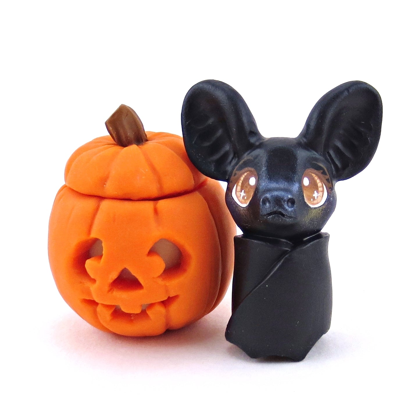 Bat in Jack o' Lantern Pumpkin Figurine - Polymer Clay Halloween Collection