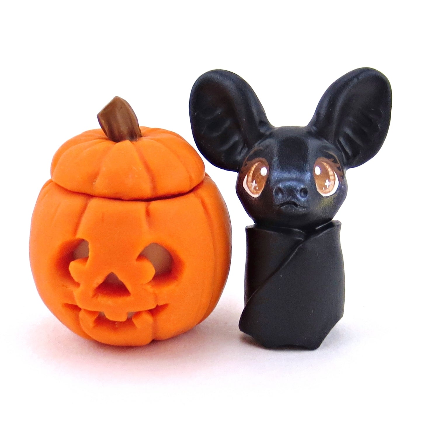 Bat in Jack o' Lantern Pumpkin Figurine - Polymer Clay Halloween Collection