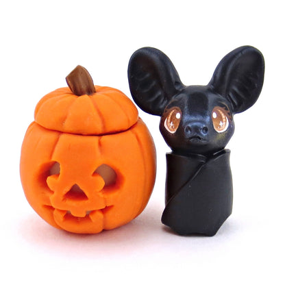 Bat in Jack o' Lantern Pumpkin Figurine - Polymer Clay Halloween Collection