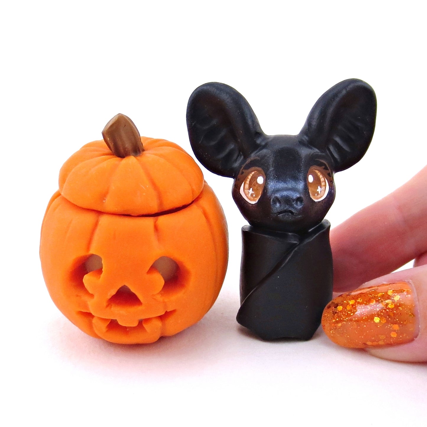 Bat in Jack o' Lantern Pumpkin Figurine - Polymer Clay Halloween Collection