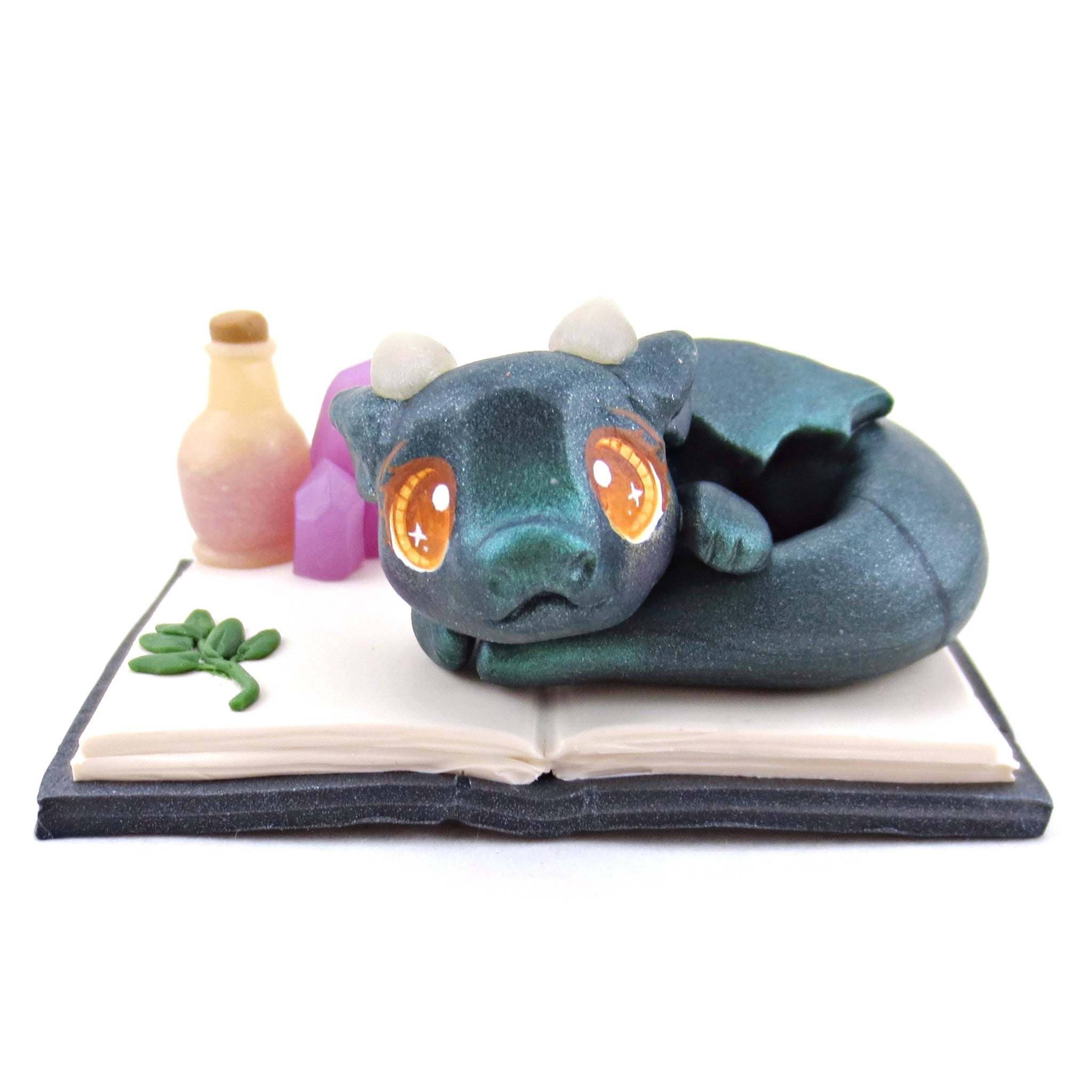 Baby Dragon Familiar with Book Stand Figurine - Polymer Clay Halloween Collection