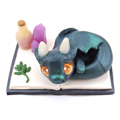 Baby Dragon Familiar with Book Stand Figurine - Polymer Clay Halloween Collection