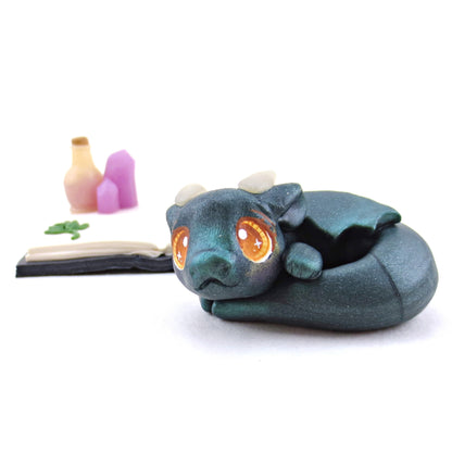 Baby Dragon Familiar with Book Stand Figurine - Polymer Clay Halloween Collection