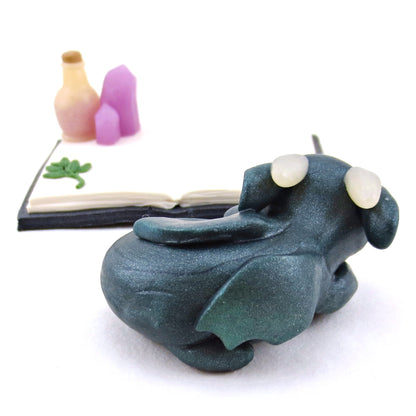 Baby Dragon Familiar with Book Stand Figurine - Polymer Clay Halloween Collection