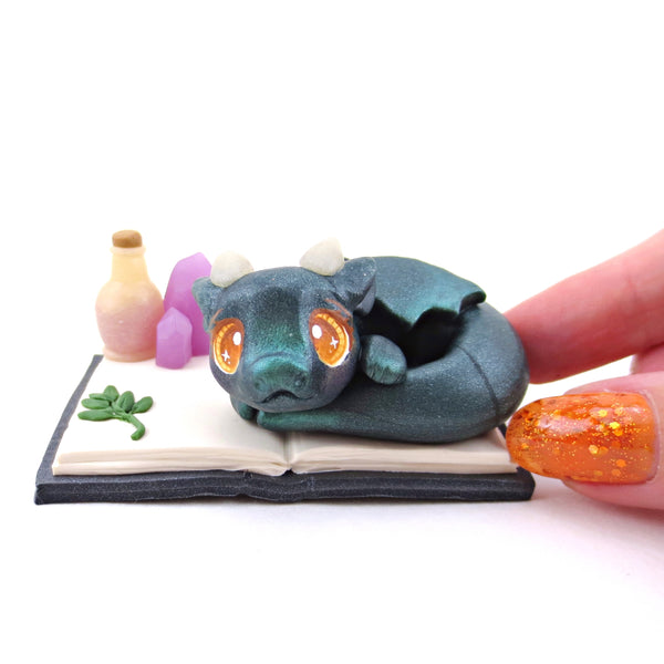 Baby Dragon Familiar with Book Stand Figurine - Polymer Clay Halloween Collection