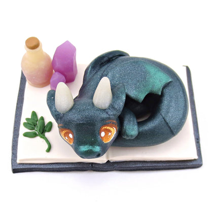 Baby Dragon Familiar with Book Stand Figurine - Polymer Clay Halloween Collection