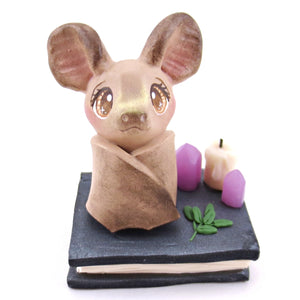 Brown Bat Familiar with Book Stand Figurine - Polymer Clay Halloween Collection