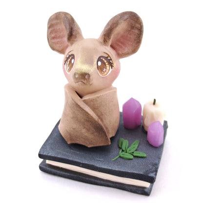 Brown Bat Familiar with Book Stand Figurine - Polymer Clay Halloween Collection