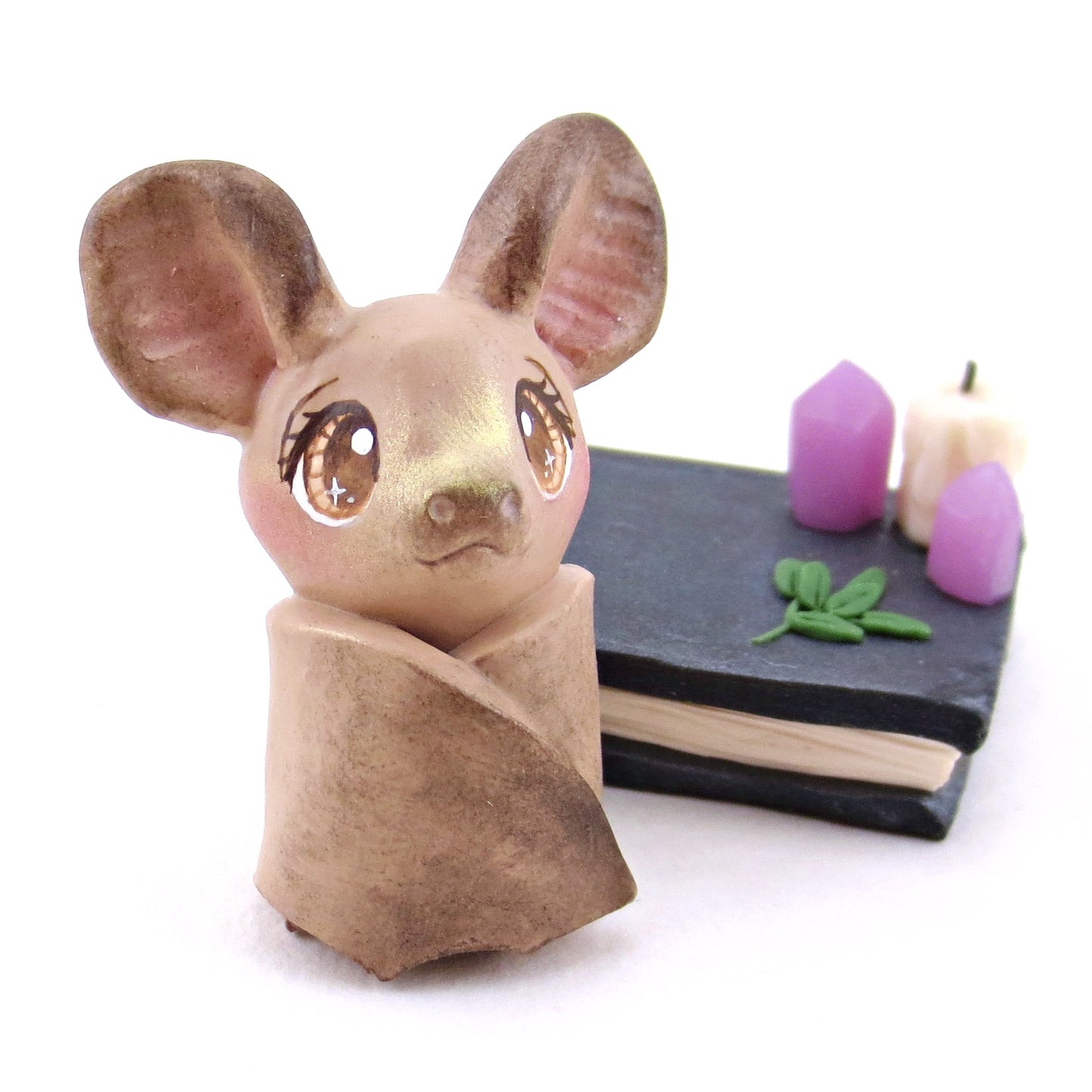 Brown Bat Familiar with Book Stand Figurine - Polymer Clay Halloween Collection