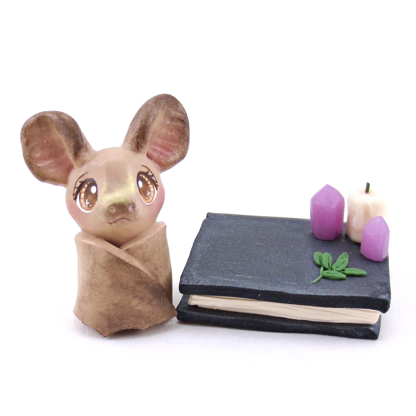 Brown Bat Familiar with Book Stand Figurine - Polymer Clay Halloween Collection