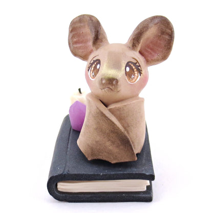 Brown Bat Familiar with Book Stand Figurine - Polymer Clay Halloween Collection