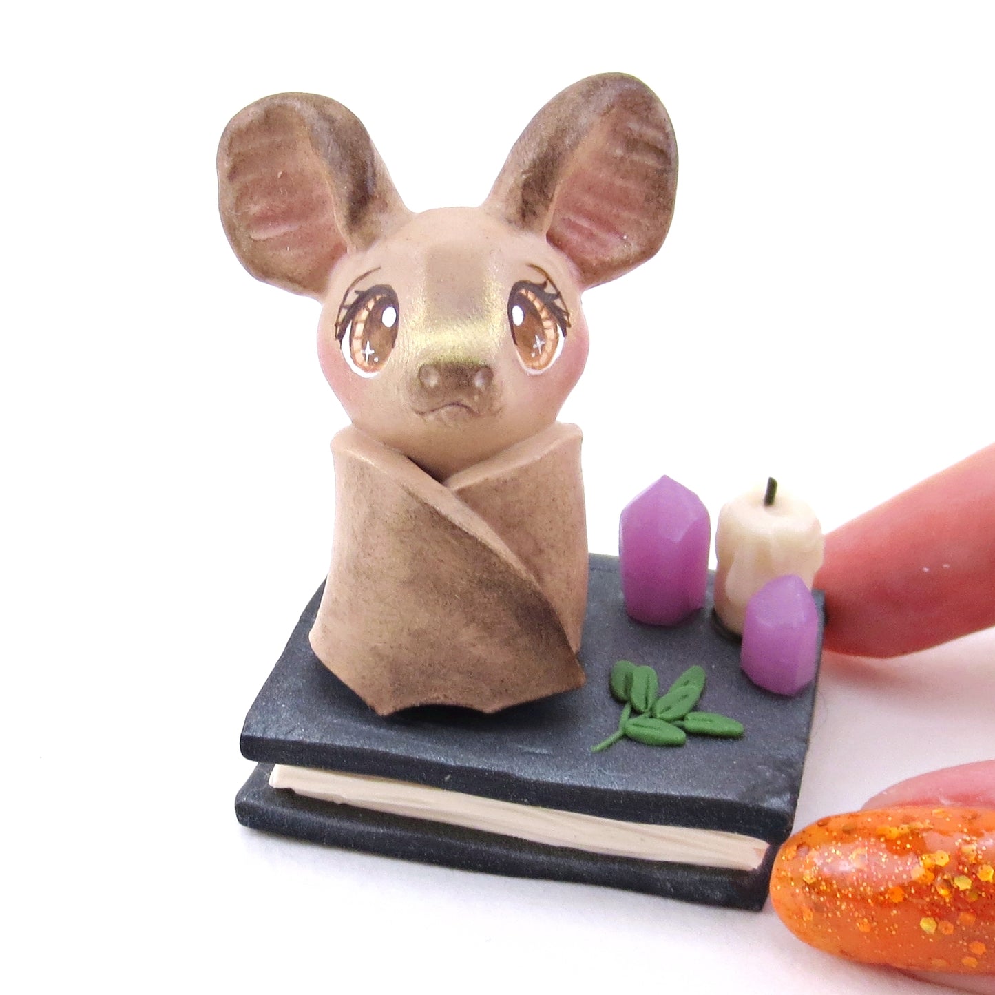 Brown Bat Familiar with Book Stand Figurine - Polymer Clay Halloween Collection