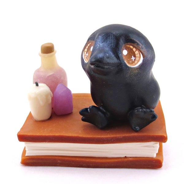Crow Familiar with Book Stand Figurine - Polymer Clay Halloween Collection