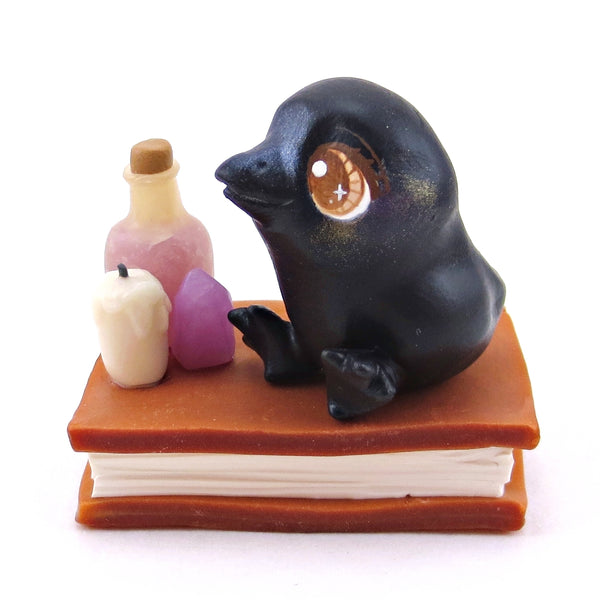 Crow Familiar with Book Stand Figurine - Polymer Clay Halloween Collection