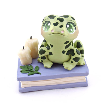 Spotty Frog Familiar with Book Stand Figurine - Polymer Clay Halloween Collection