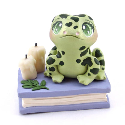 Spotty Frog Familiar with Book Stand Figurine - Polymer Clay Halloween Collection