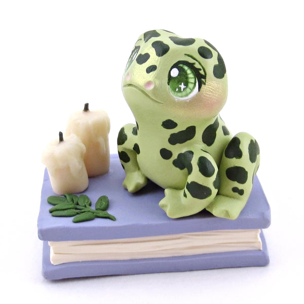 Spotty Frog Familiar with Book Stand Figurine - Polymer Clay Halloween Collection