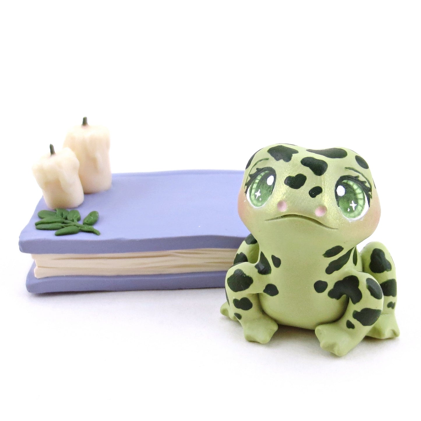 Spotty Frog Familiar with Book Stand Figurine - Polymer Clay Halloween Collection