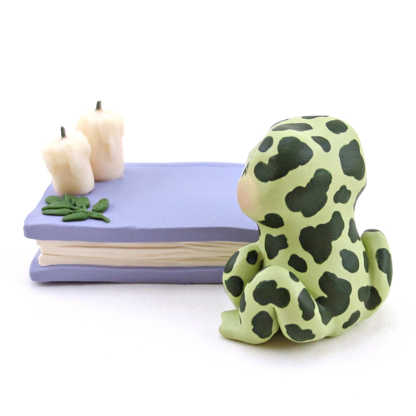 Spotty Frog Familiar with Book Stand Figurine - Polymer Clay Halloween Collection