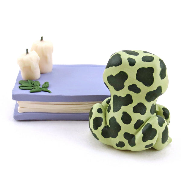 Spotty Frog Familiar with Book Stand Figurine - Polymer Clay Halloween Collection