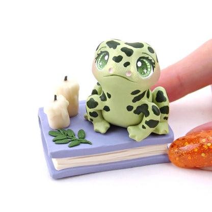 Spotty Frog Familiar with Book Stand Figurine - Polymer Clay Halloween Collection