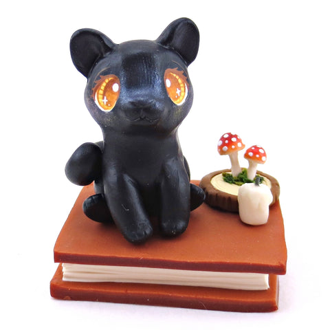 Black Cat Familiar with Book Stand Figurine - Polymer Clay Halloween Collection