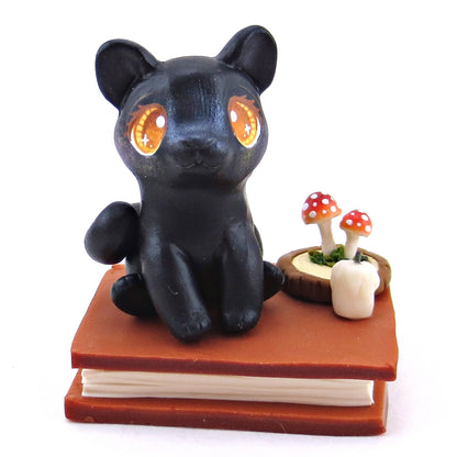 Black Cat Familiar with Book Stand Figurine - Polymer Clay Halloween Collection