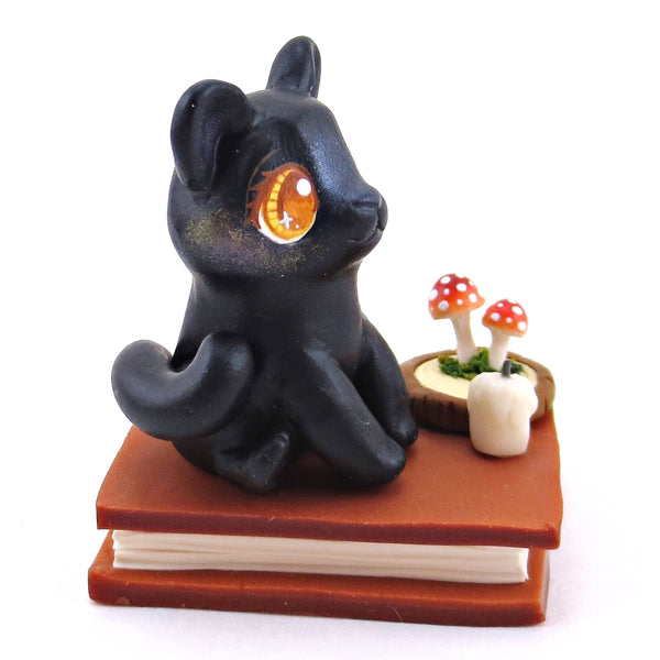 Black Cat Familiar with Book Stand Figurine - Polymer Clay Halloween Collection