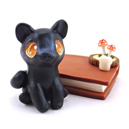 Black Cat Familiar with Book Stand Figurine - Polymer Clay Halloween Collection